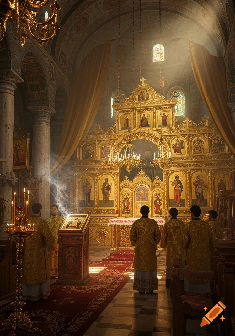 Photorealistic scene of an Orthodox liturgy in a grand, gilded church with priests in golden vestments, dramatic light, and rising incense.