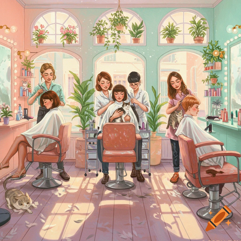 Illustrative art of a cheerful hair salon where women get haircuts alongside their cats, with stylists and plants.