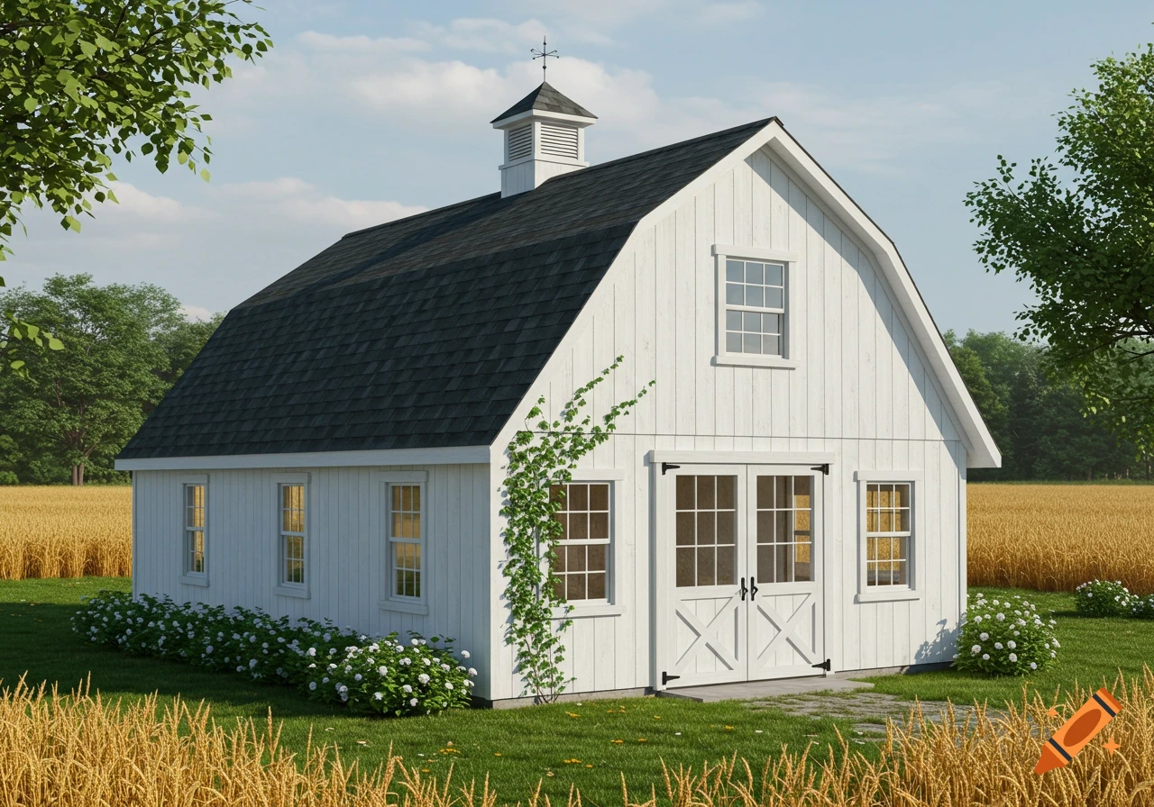 Photorealistic white wooden barn with a dark roof and cupola, surrounded by green grass and golden wheat fields.