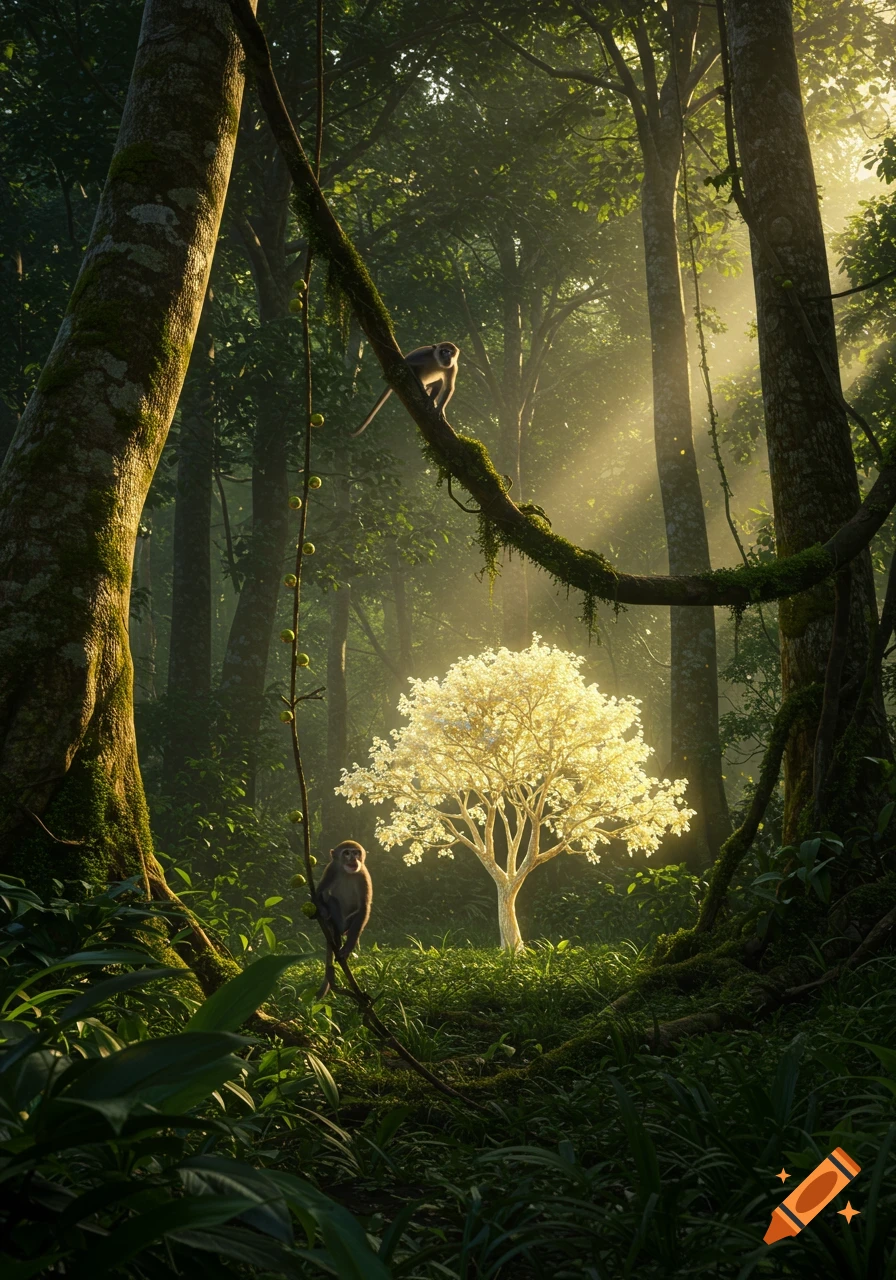Two monkeys in a dense, sunlit jungle, one observing a glowing tree, in a realistic, cinematic style.