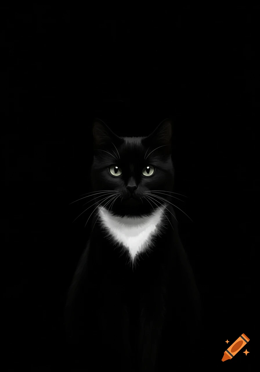 A visually striking painting of a black cat with bright green eyes and a white chest patch against a dark background.