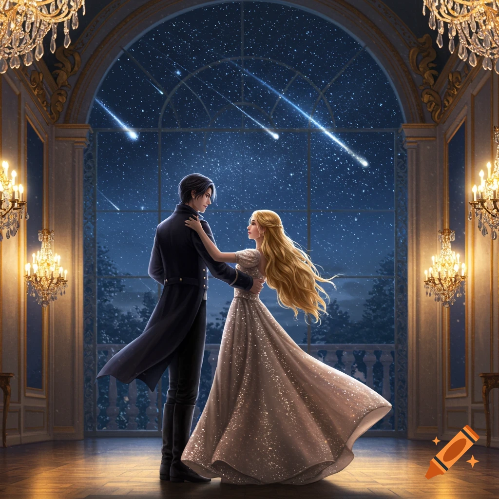 A man and woman dance in a grand ballroom with tall windows revealing a starry night sky with falling stars. Romantic fantasy illustration.