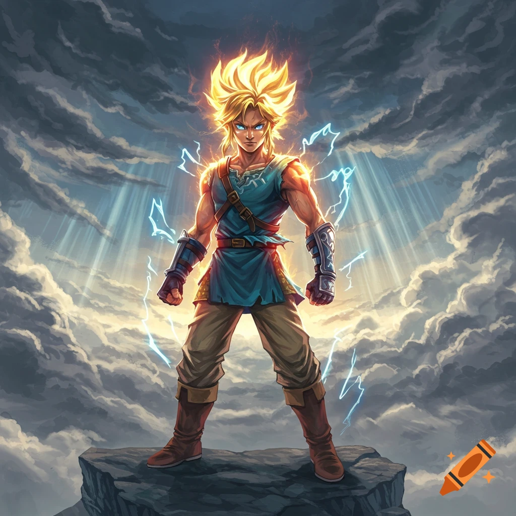 Link from Zelda, super saiyan style with flaming hair and aura, stands on a cliff under dramatic cloudy sky.