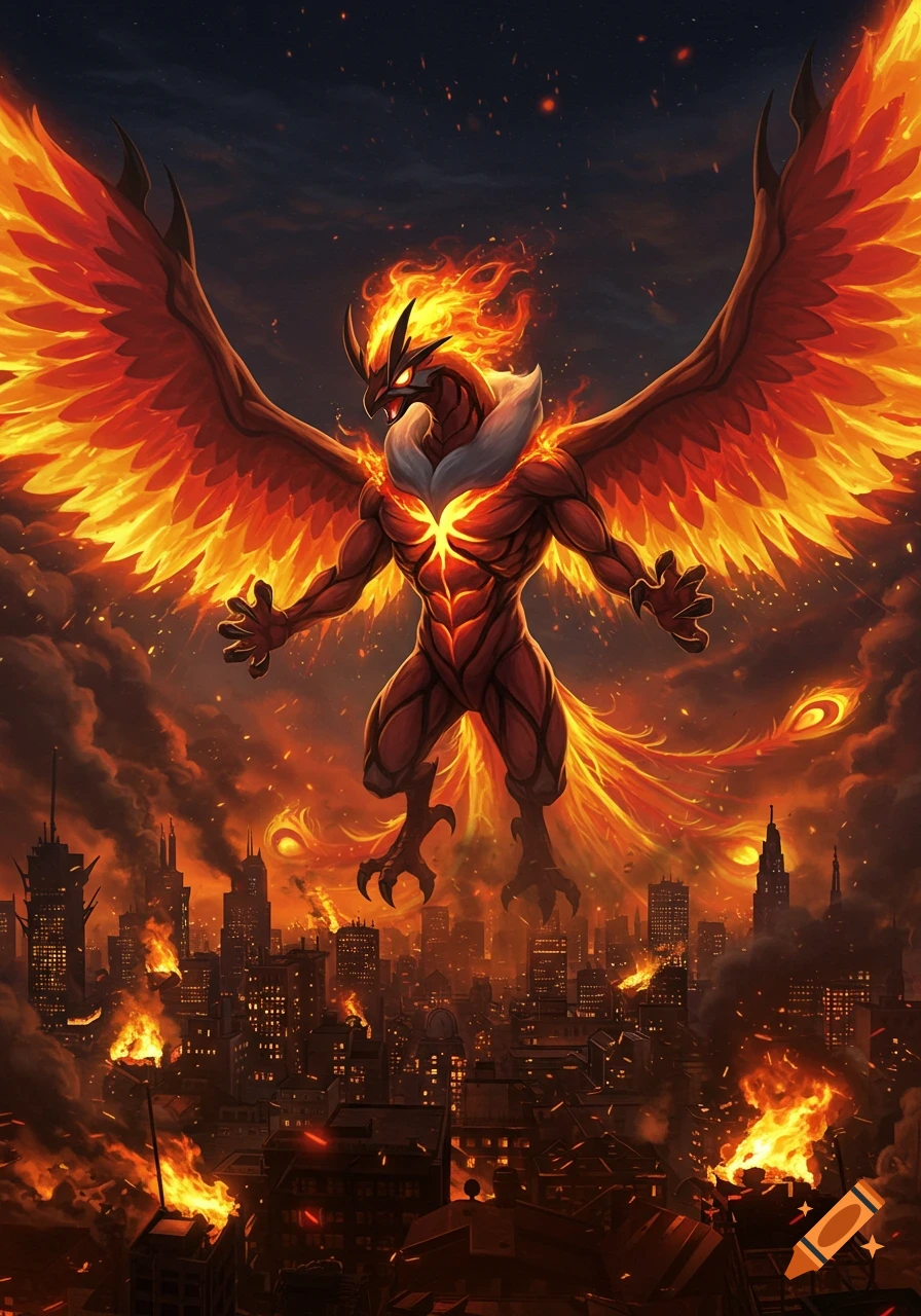 A colossal, muscular firebird-like creature with glowing wings hovers menacingly over a city engulfed in flames and smoke.
