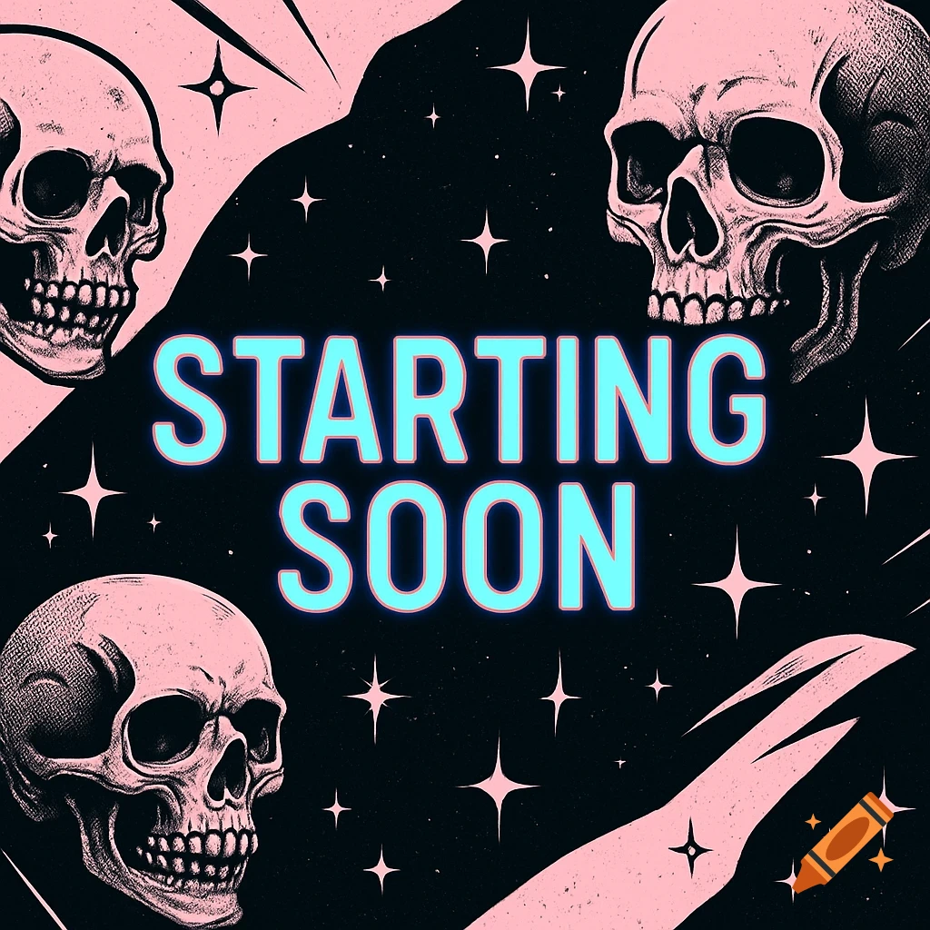 Gothic-style Twitch starting soon screen with three stylized pink skulls, blue glowing text, and sparkles on a black background.
