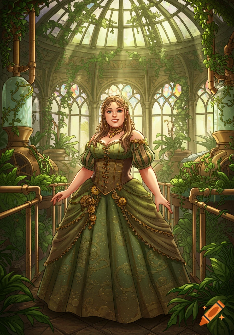 Smiling woman in a green steampunk princess dress with mechanical details, standing in a lush greenhouse with plants and machinery.