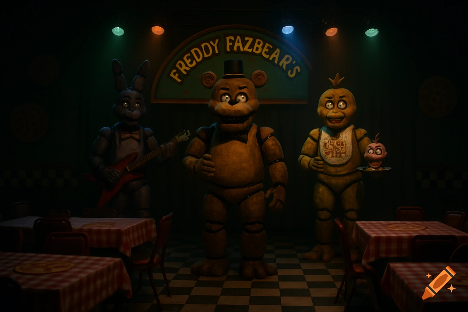 Photorealistic image of Freddy Fazbear, Bonnie, and Chica animatronics on stage in a dark pizzeria with tables.