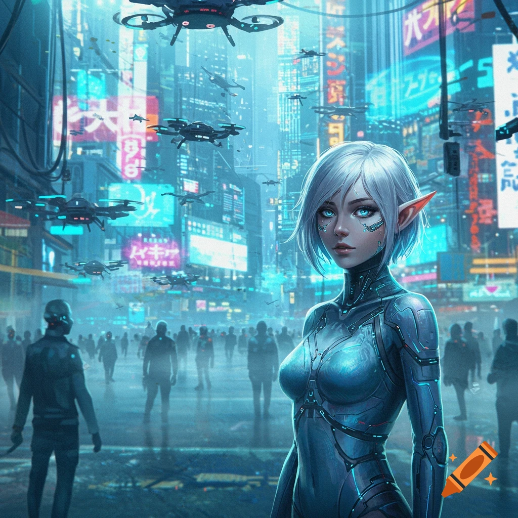 A futuristic elf girl with white hair and blue eyes in a sleek suit stands in a vibrant cyberpunk city street with flying drones and neon signs.