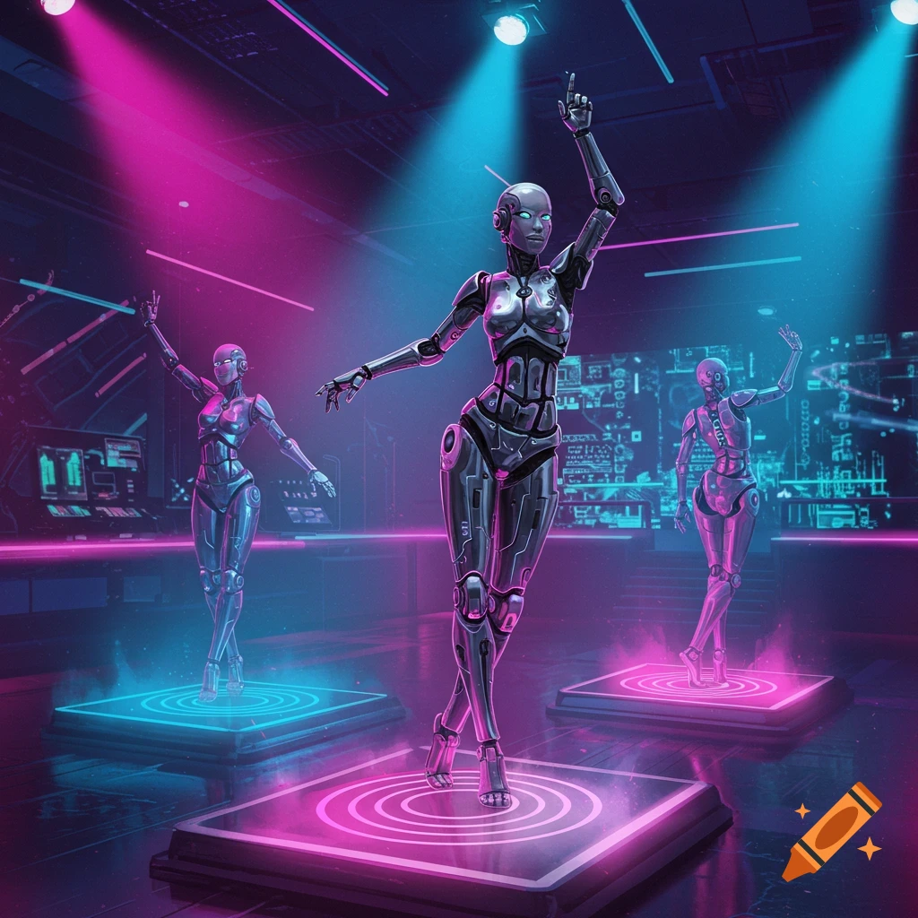 Three female robots dance on glowing platforms under vibrant pink and blue neon lights in a futuristic setting.