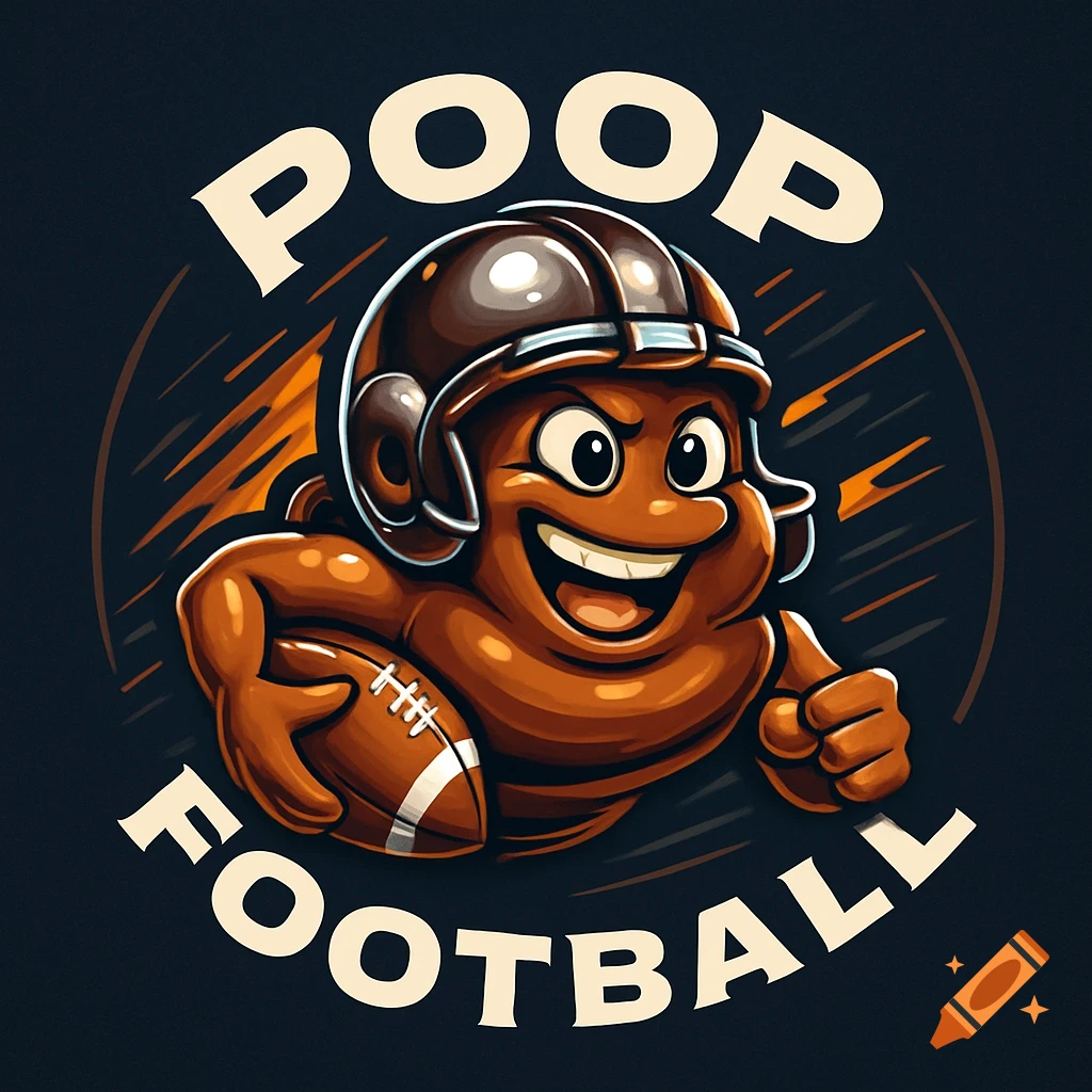 Cartoon poop character in a football helmet holding a football, giving a thumbs up. Text reads 'POOP FOOTBALL'.