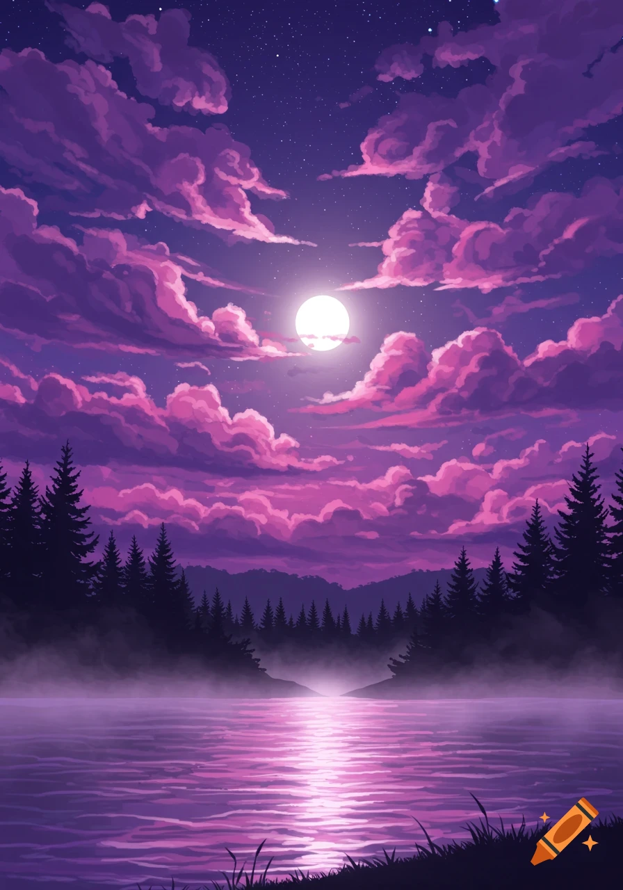 Mystical night landscape with a bright full moon reflecting on purple water, pink clouds, and silhouetted pine trees.