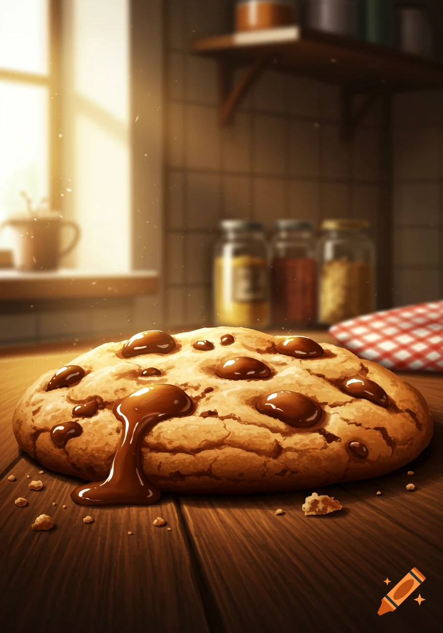 A close-up digital illustration of a large chocolate chip cookie with melted chocolate on a wooden table in a sunlit kitchen.