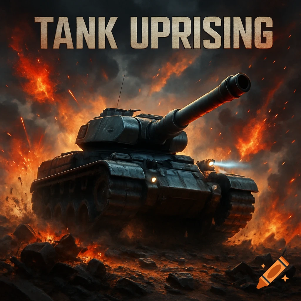 A dark tank drives through a fiery battlefield with explosions and smoke, under the title 'TANK UPRISING'.