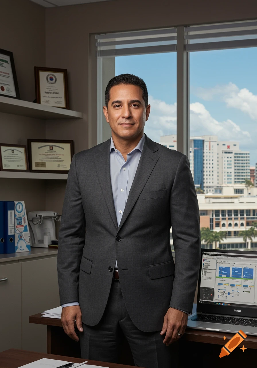 A professional portrait of a man in a gray suit and light blue shirt, standing in an office with a city view outside the window.