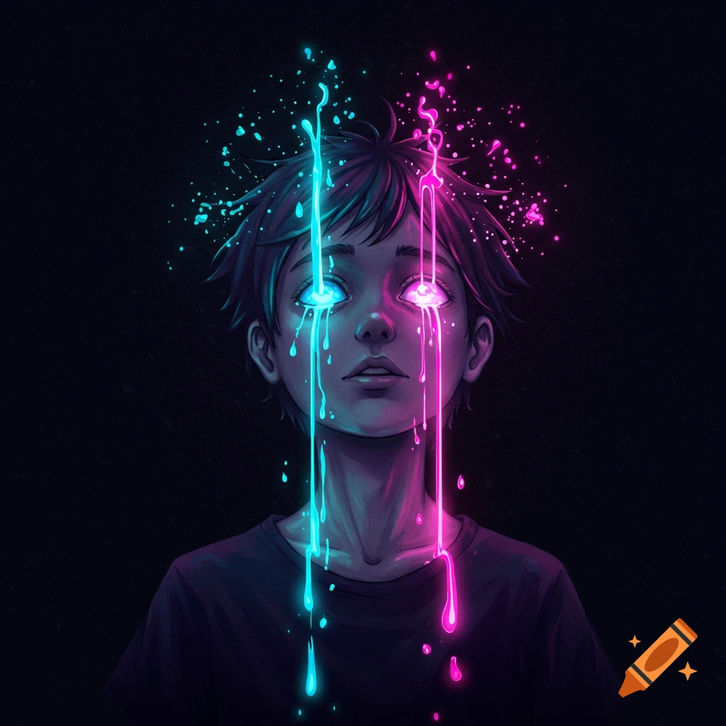 Anime-style young person with blue and pink glowing liquid spilling from eyes, against a black background with colorful sparks.