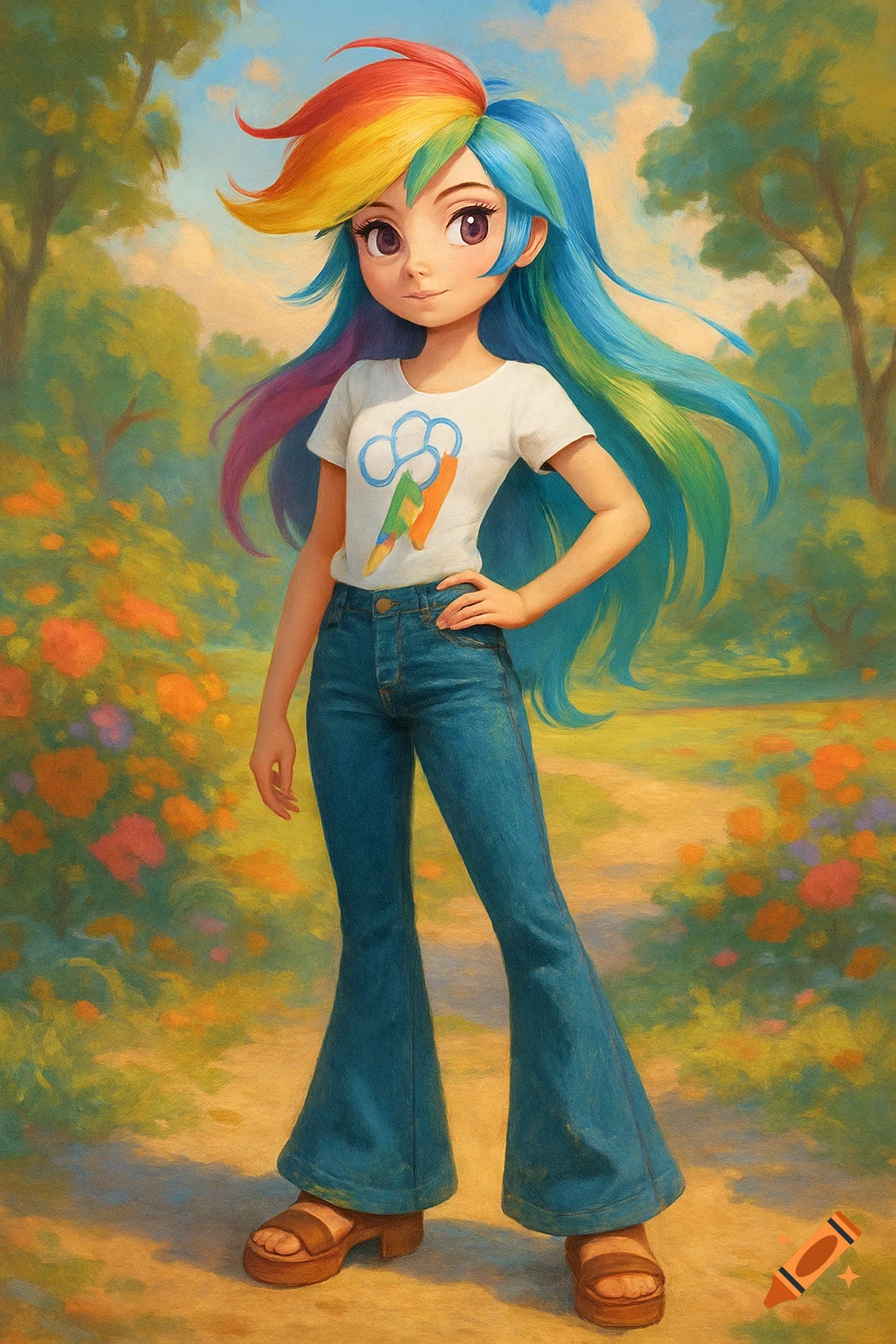 A humanized Rainbow Dash with rainbow hair, wearing a white t-shirt and bell-bottom jeans, stands in a colorful garden.