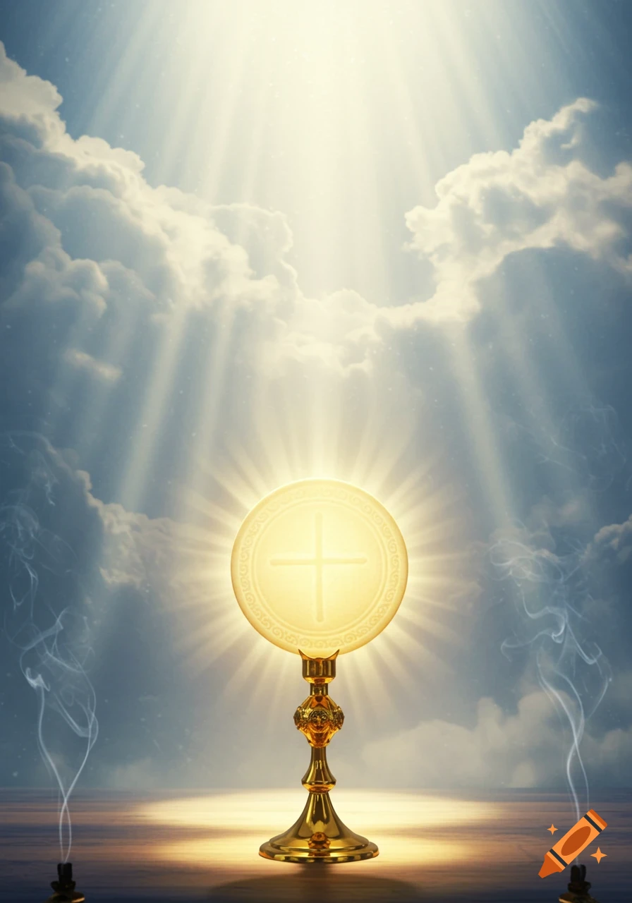 A golden chalice holds a glowing Eucharist wafer with a cross, bathed in divine light from clouds, with incense smoke.