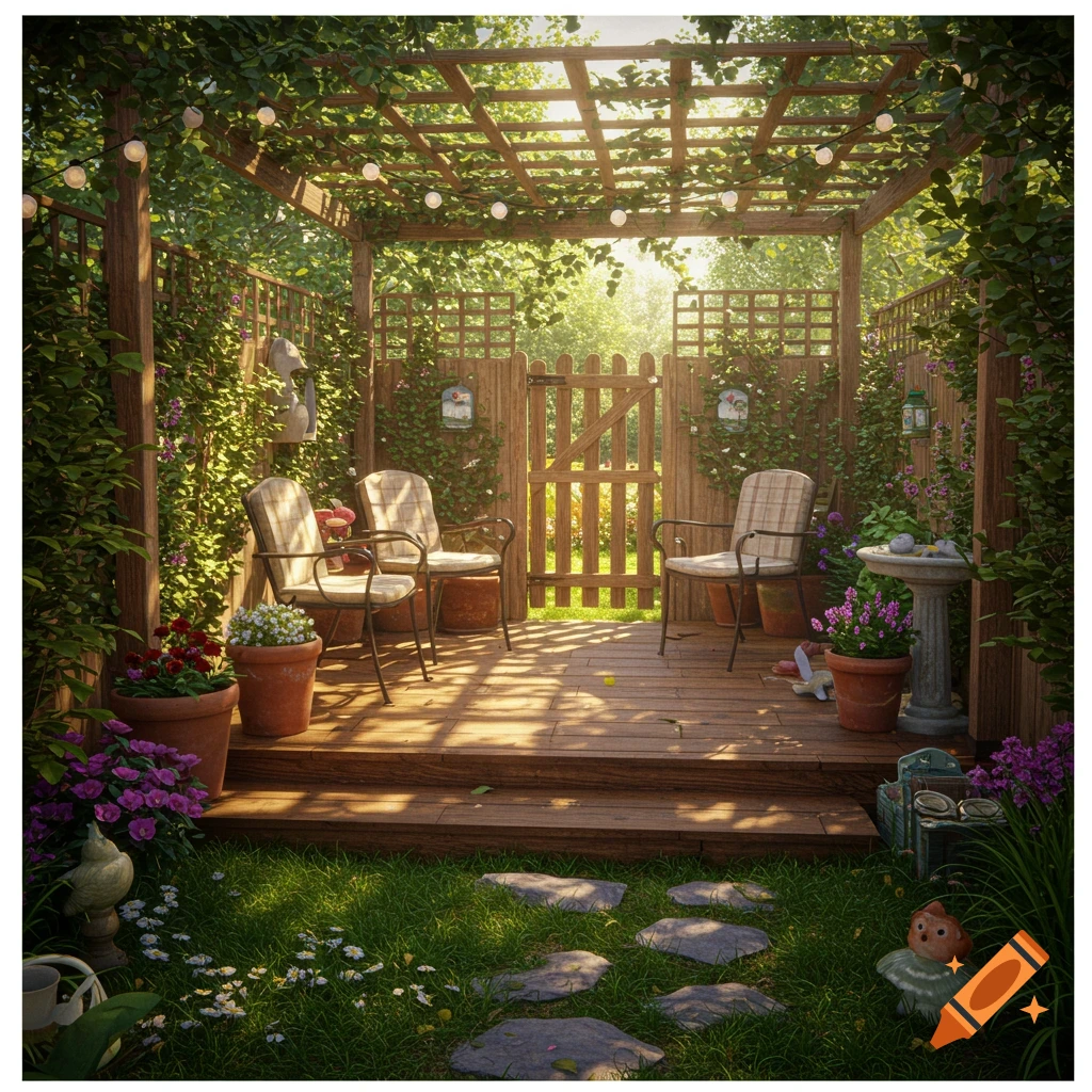 Photorealistic garden patio with a wooden pergola, green vines, string lights, three chairs on decking, and a stone path.