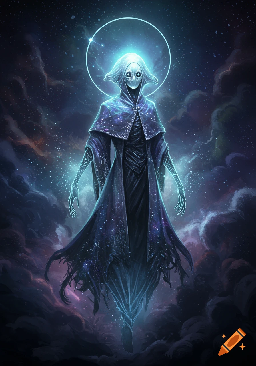 Ethereal cloaked figure with a glowing halo against a starry, cosmic cloud background in a dark fantasy style.