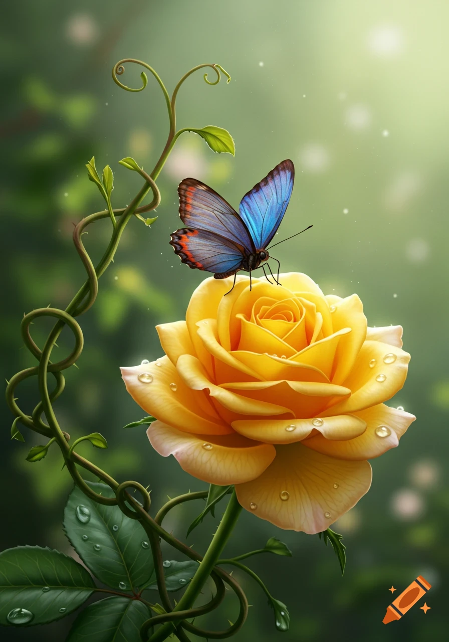 A vibrant blue butterfly with orange accents rests on a yellow rose covered in dewdrops, surrounded by green thorny vines and soft bokeh.
