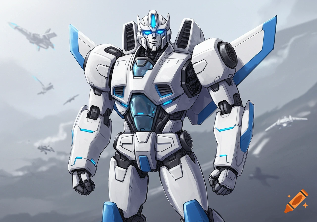 A sleek white and blue robot, resembling a Transformer, stands against a cloudy sky with blurred jets in the background.