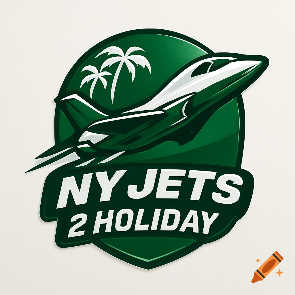 Green and white logo for 'NY Jets 2 Holiday' fantasy football team, featuring a jet flying past two palm trees on a shield shape.