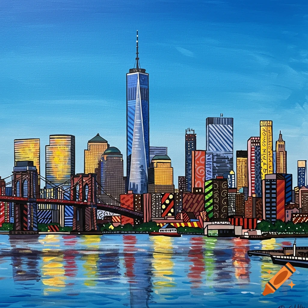 Vibrant, stylized painting of the New York City skyline at daytime, featuring the One World Trade Center and Brooklyn Bridge, in a Romero Britto pop art style.