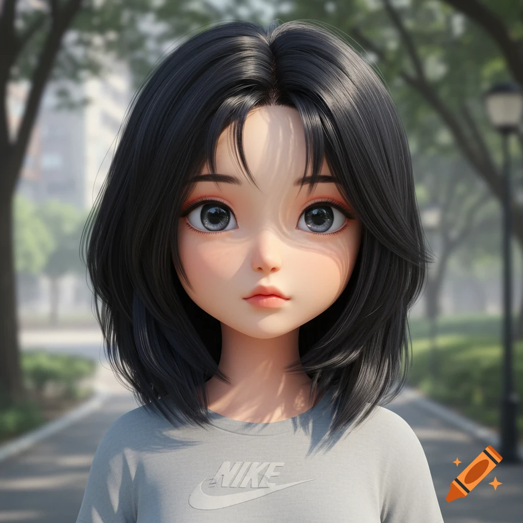 A cute anime girl with black hair wearing a grey Nike shirt stands in a park.