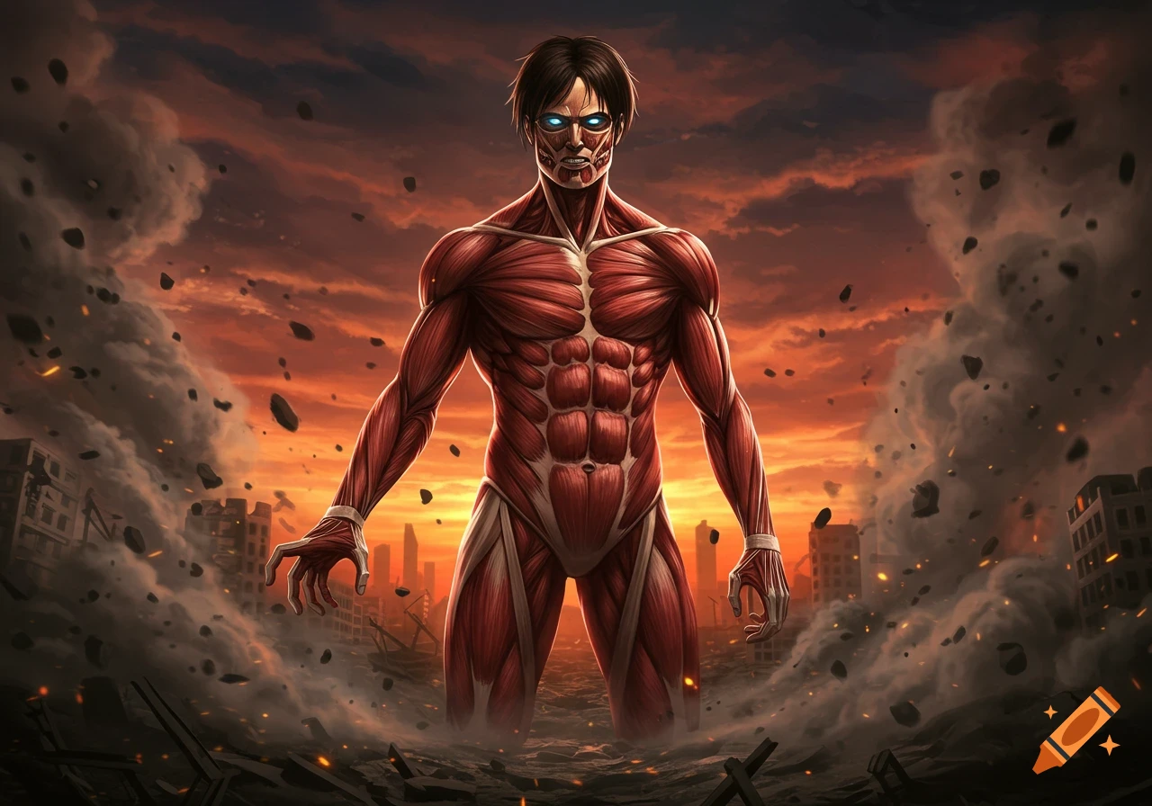 A muscular, skinless humanoid titan with dark hair and glowing blue eyes stands in a destroyed city under a fiery, smoke-filled sky in an anime style.