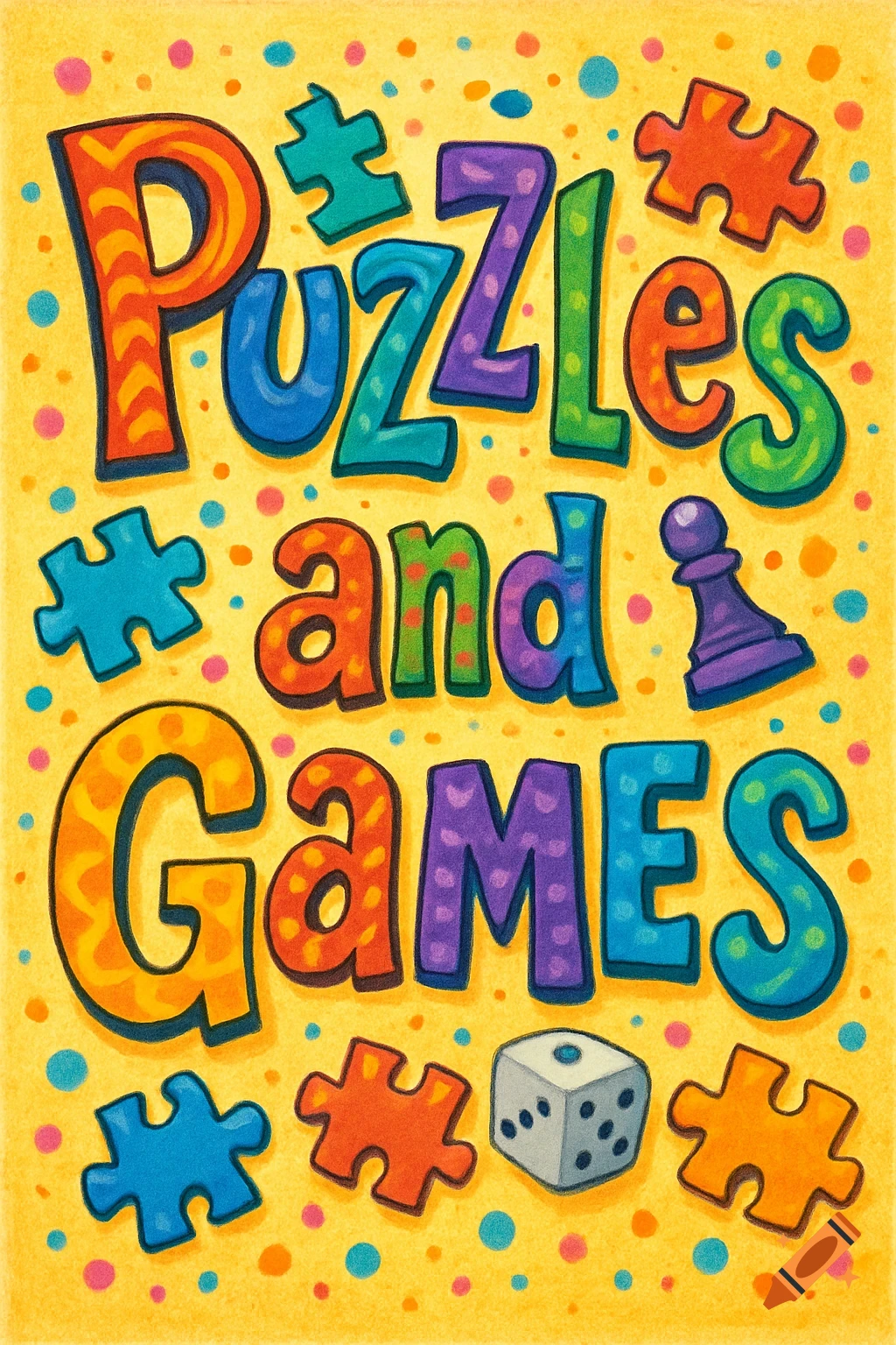 Colorful illustration of 'Puzzles and Games' text with puzzle pieces, a die, and a chess pawn on a yellow background.