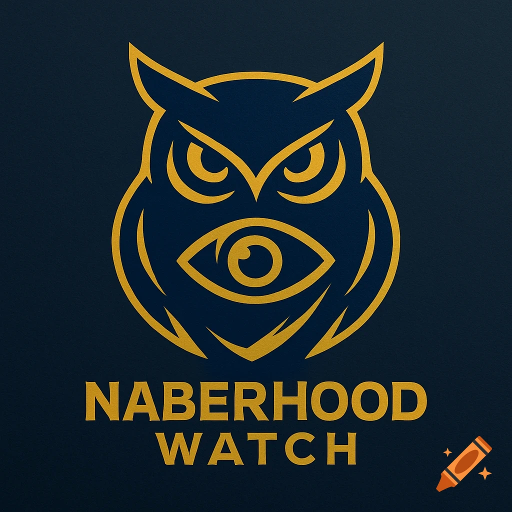 Golden owl logo with an eye symbol on its chest, and 'NABERHOOD WATCH' text below, on a dark blue background.