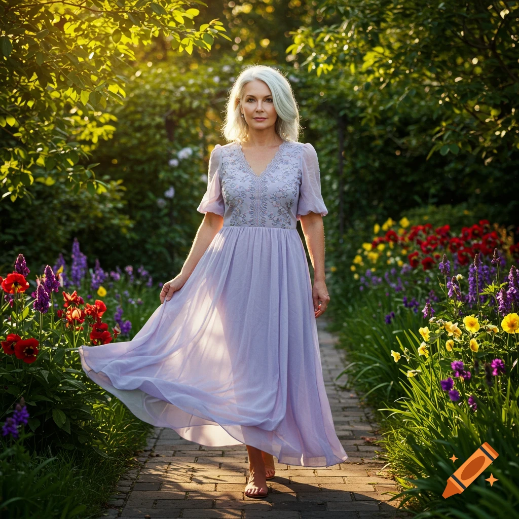 A woman with short grey hair in a lavender dress walks on a brick path through a sunlit garden filled with colorful flowers.