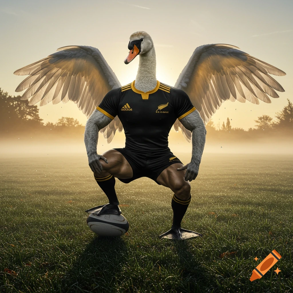 A muscular swan, with large wings spread, crouches on a rugby field with one webbed foot on a rugby ball. It wears a black and gold rugby jersey with "Adidas" visible.