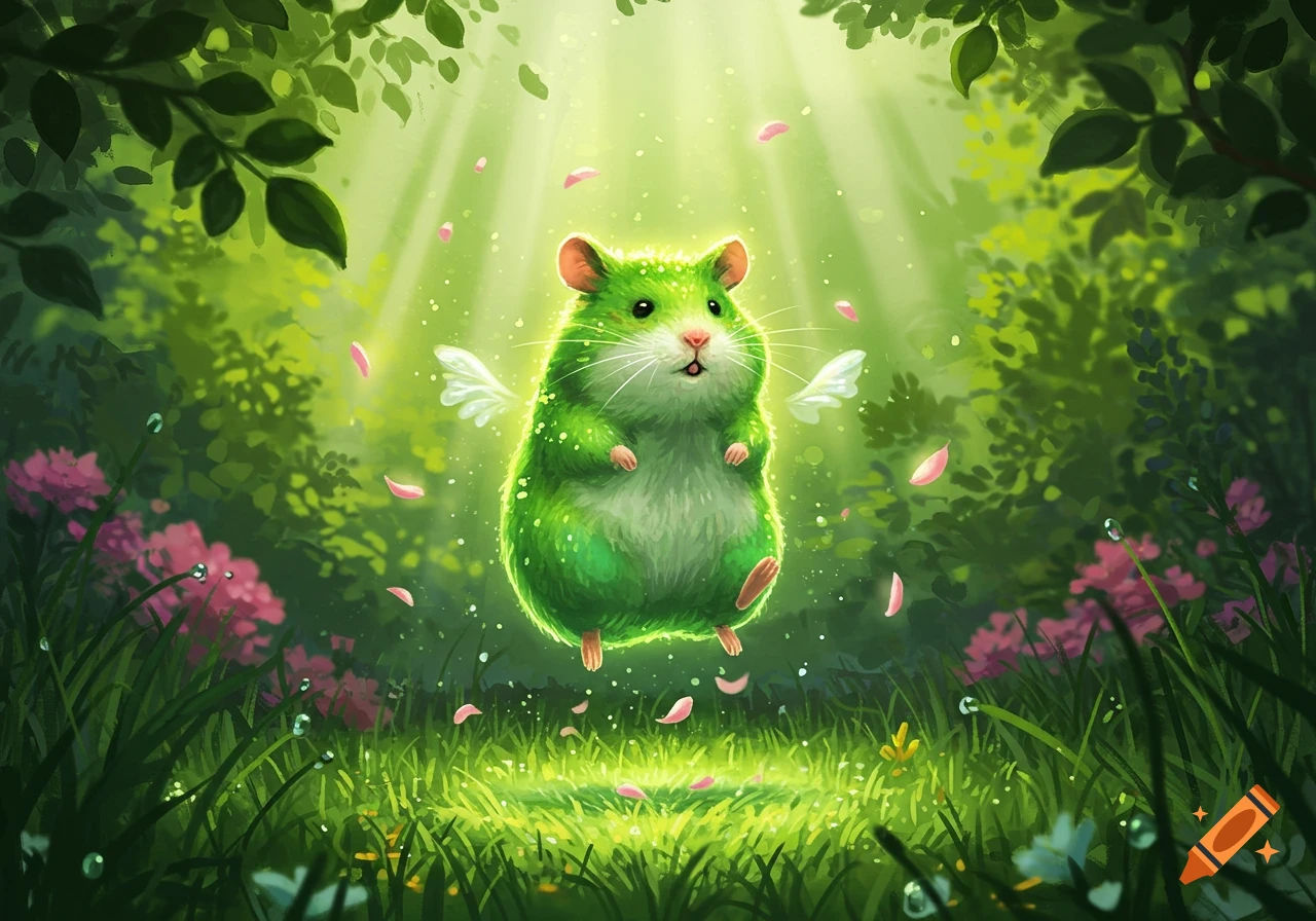 A whimsical green fluffy hamster with small white wings levitates in a vibrant, sunlit forest with pink flowers and falling petals.