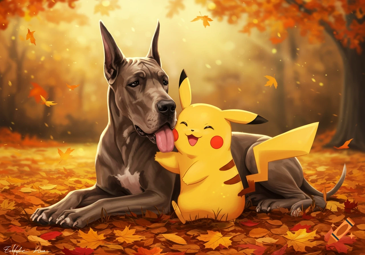 A Great Dane dog licks a happy Pikachu's face, both lying in a vibrant autumn forest with colorful fallen leaves.