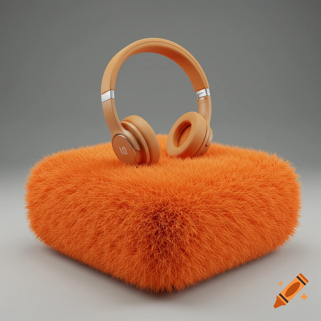 Tan headphones resting on a bright orange fuzzy square cushion against a gray background.