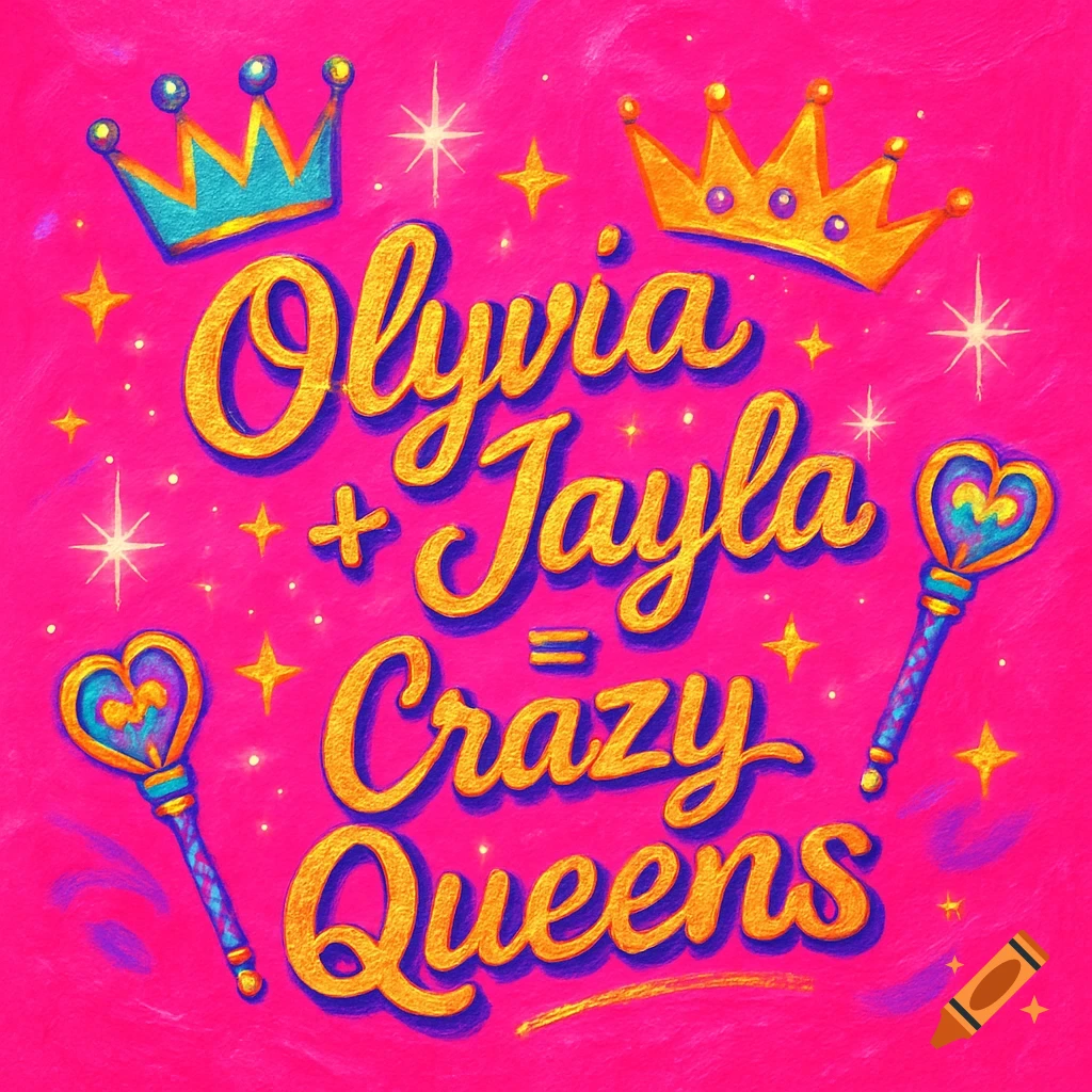 Vibrant pink illustration with golden script reading 'Olyvia + Jayla = Crazy Queens', decorated with crowns and heart scepters.