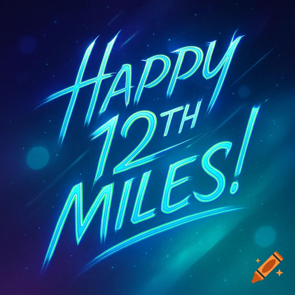 Neon blue and green stylized text reading 'Happy 12th Miles!' against a dark, starry background.