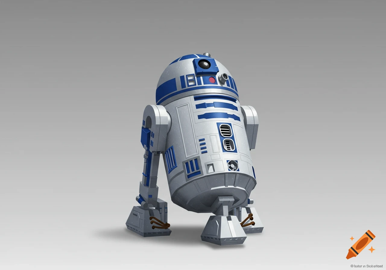 A geometric illustration of the Star Wars robot R2D2, rendered in white and blue, on a simple grey background.