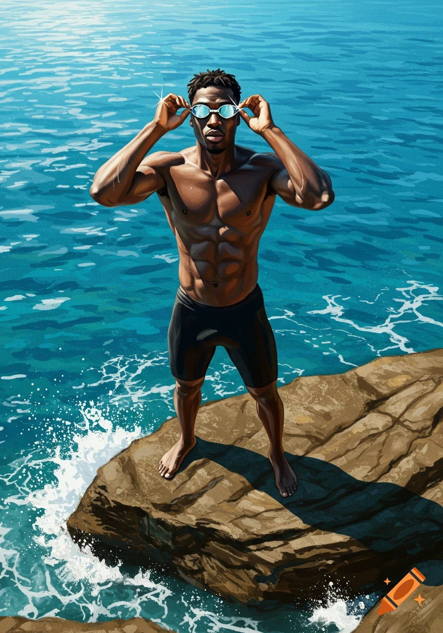 Muscular male swimmer adjusting goggles on a sunny rock by the ocean in an illustrative style.