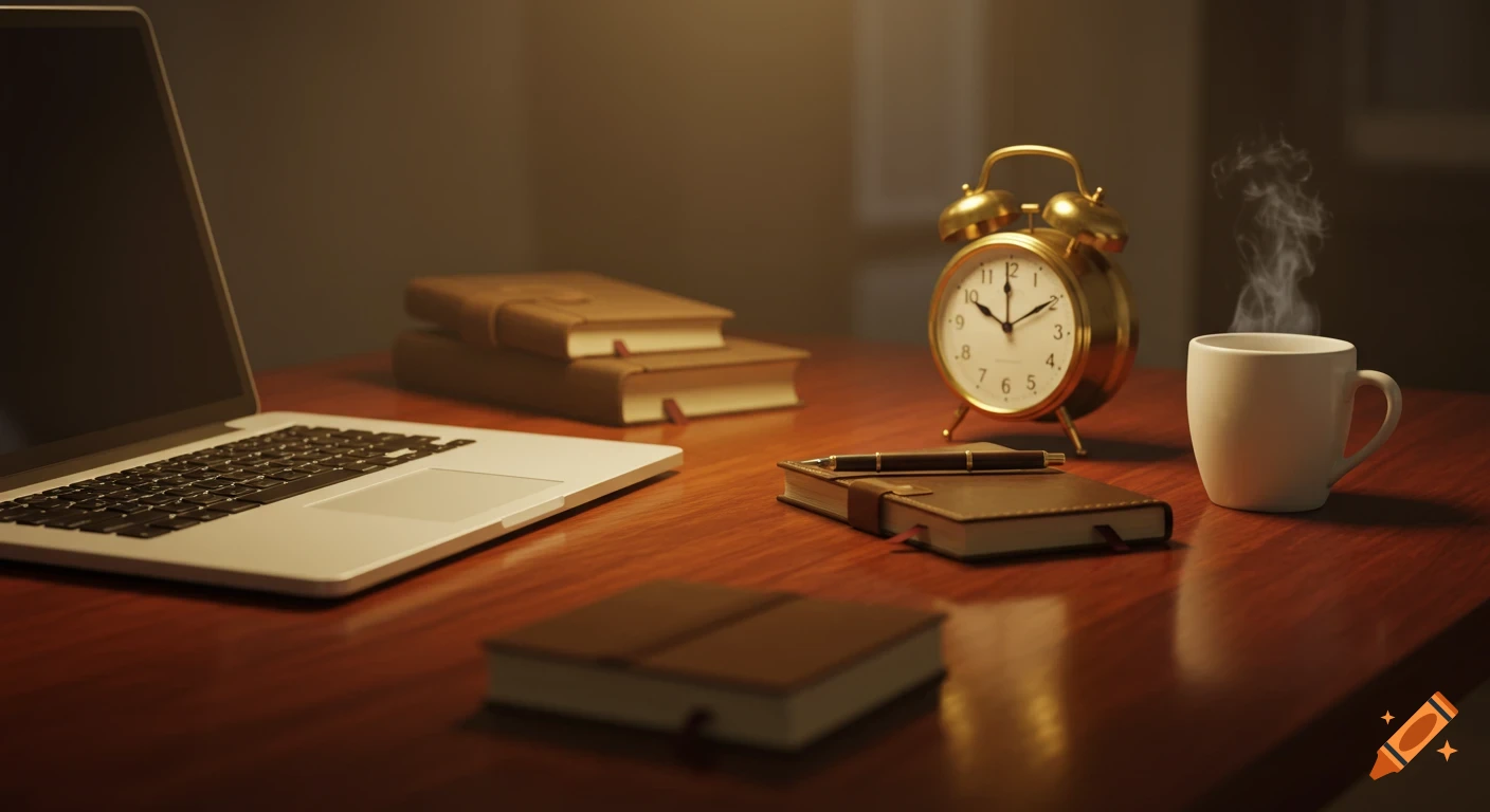 A photorealistic close-up of a desk with a laptop, books, an alarm clock, and a steaming coffee cup under warm light.