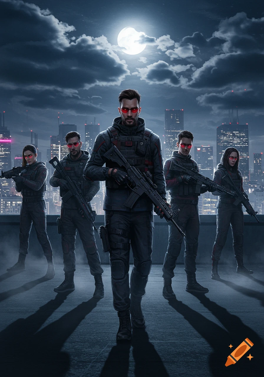 Five tactical operatives with glowing red eyes stand on a city rooftop at night, holding rifles, under a full moon.