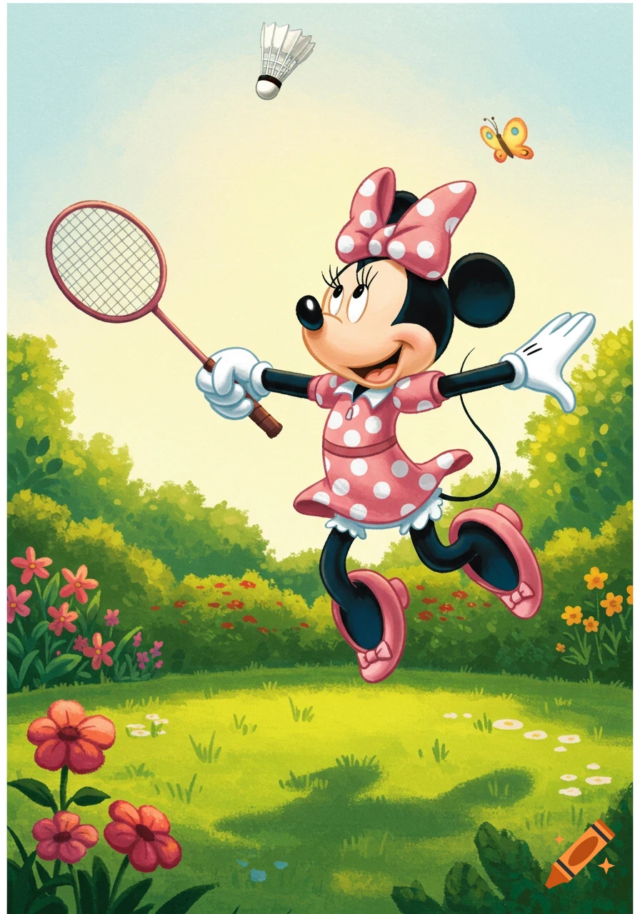 Minnie Mouse in a pink dress joyfully plays badminton in a sunny park with flowers.