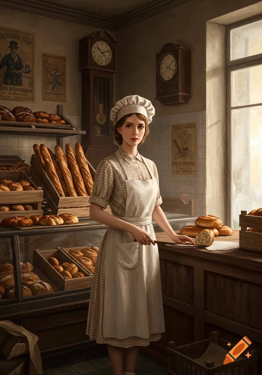 A female baker in a 1940s-style uniform stands in a vintage bakery filled with various breads, holding a knife and a sliced loaf.