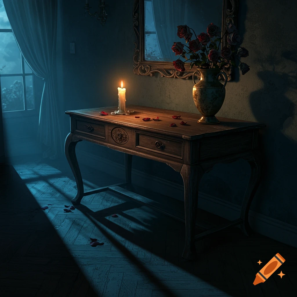 A spooky wooden entryway table with a lit candle, a vase of roses, and petals in a dimly lit room with moonlight through a window.