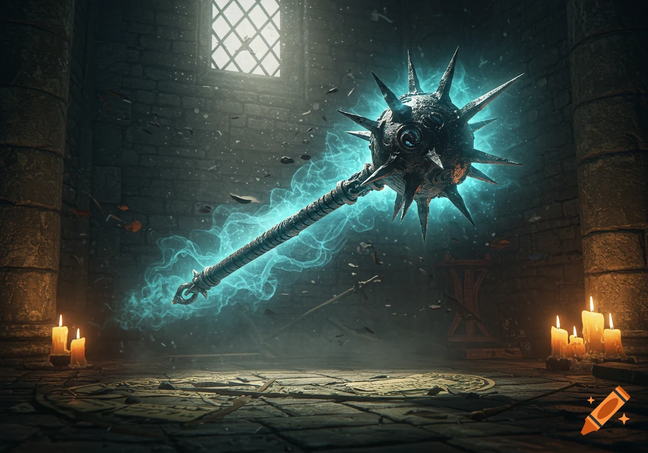 A glowing mace weapon with a spiky head and blue magical energy floating in a dark, dusty stone dungeon with candles.