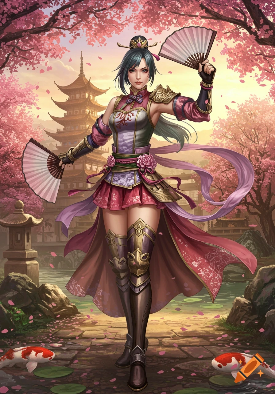 A woman in a vibrant fantasy outfit holding fans, standing in a cherry blossom garden with a pagoda and koi fish.