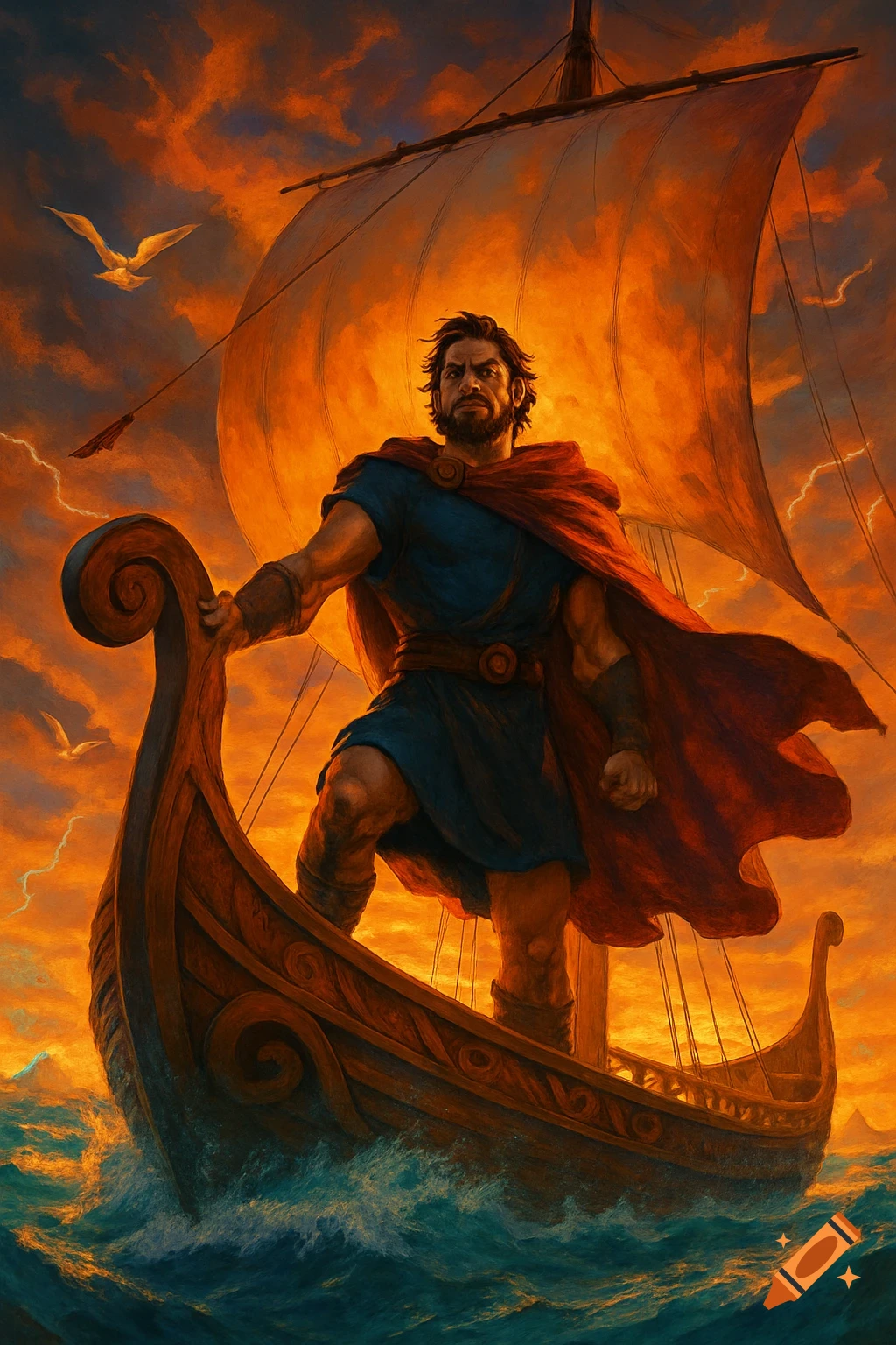 A heroic man in a red cape stands on an ancient ship with a large sail against a dramatic orange and stormy sky.