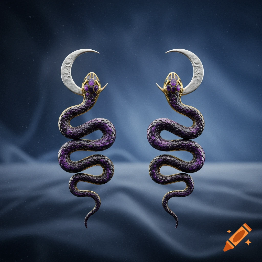 A pair of purple and gold snake-shaped earrings with silver crescent moons behind their heads, against a dark blue background.