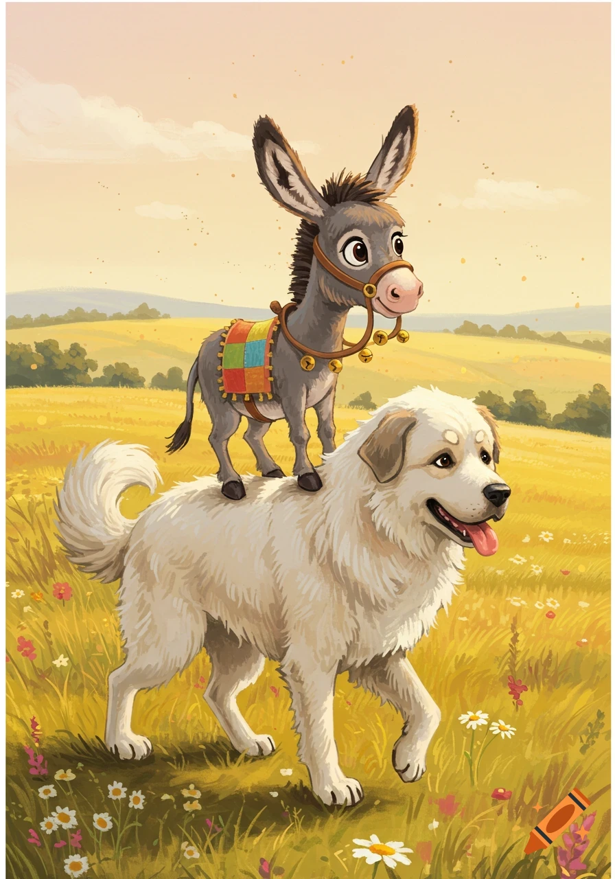 A cartoon donkey with a colorful blanket rides on the back of a large white dog through a sunny, flower-filled field.